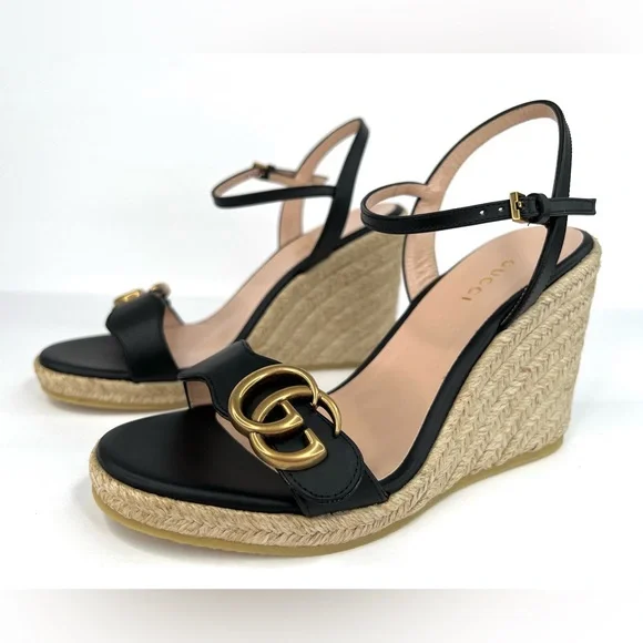 Gucci Galassia Aitana Lifford Black Leather Wedge Double G Logo Sandals EU 35 - Picture 3 of 14